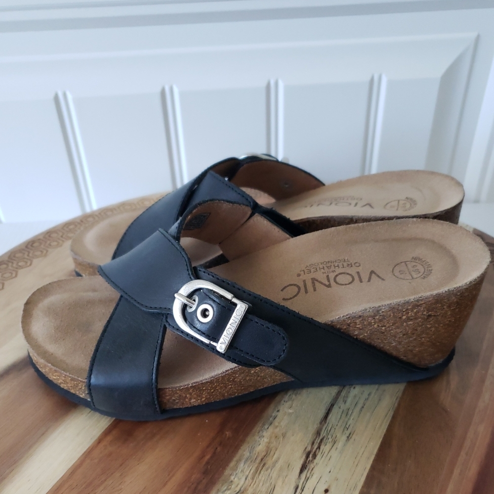 Vionic Danette Wedge Sandals Black Cork Soles - Picture 1 of 5